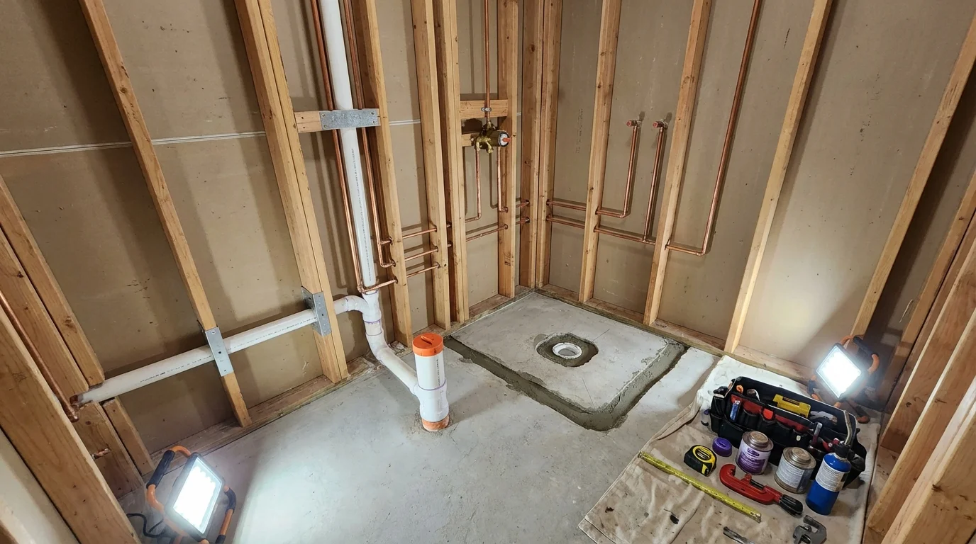 Bathroom rough-in plumbing during remodel by Johns Plumbing LLC in Los Banos