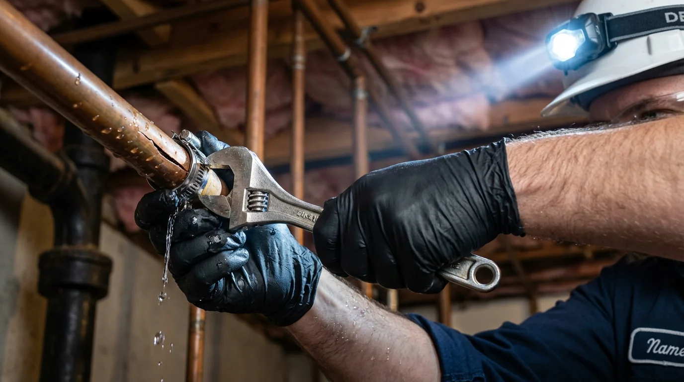 Emergency pipe clamp repair being performed by a Johns Plumbing LLC plumber in Los Banos