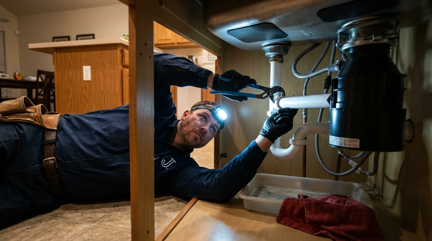 P-trap and supply line connections under a kitchen sink showing a common leak point in Los Banos, CA